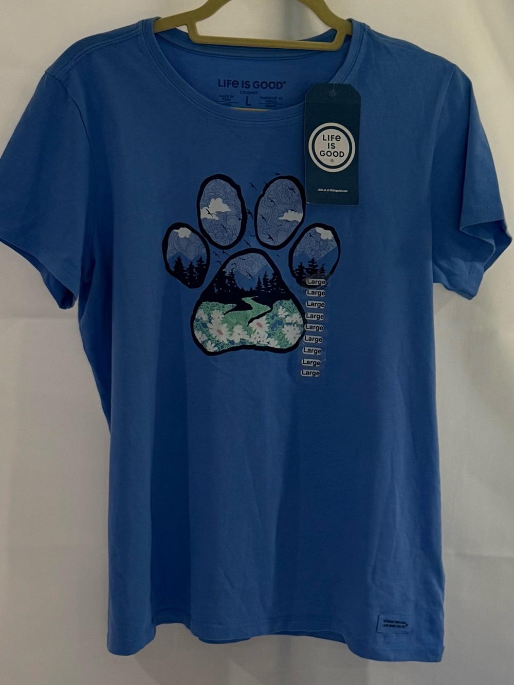 Life Is Good Women’s Crusher Tee Large Blue Nature Paw Print Graphic NWT